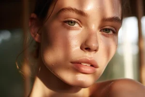 Close-up of flawless glowing skin after microneedling treatment.